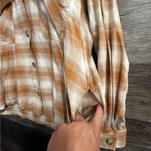 Maurices Brown and Cream Plaid Flannel Button Down Hooded Shirt - Picture 6 of 7